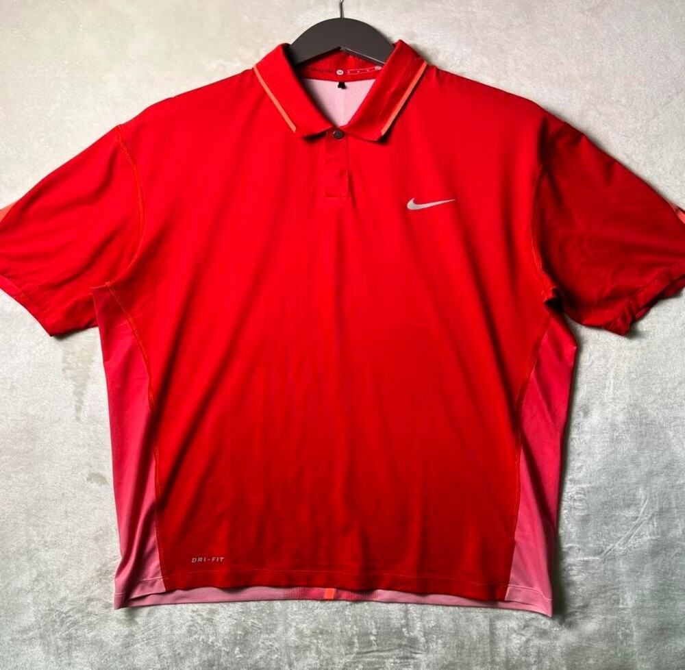 Nike Dri-Fit TW Glow Polo Mens M Red Pink Ombre Tiger Woods Collection Golf Goat